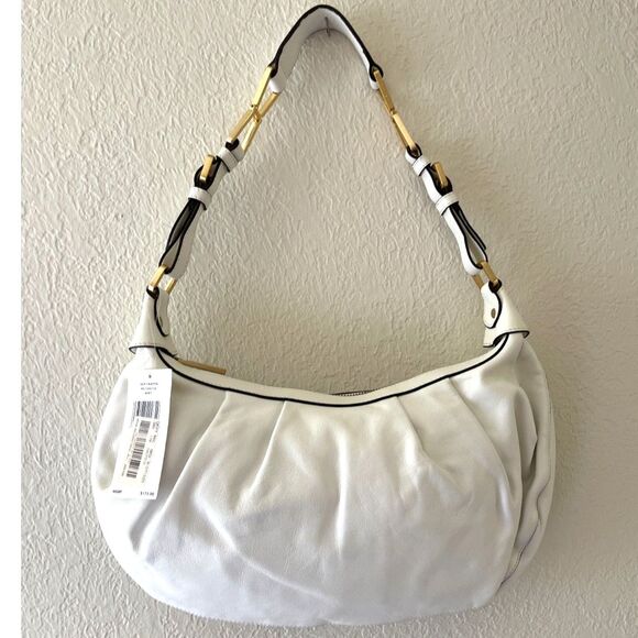 New Calvin Klein Soft Nappa Leather White & Gold Hobo Shoulder Bag ~ Excellent! - Picture 1 of 14